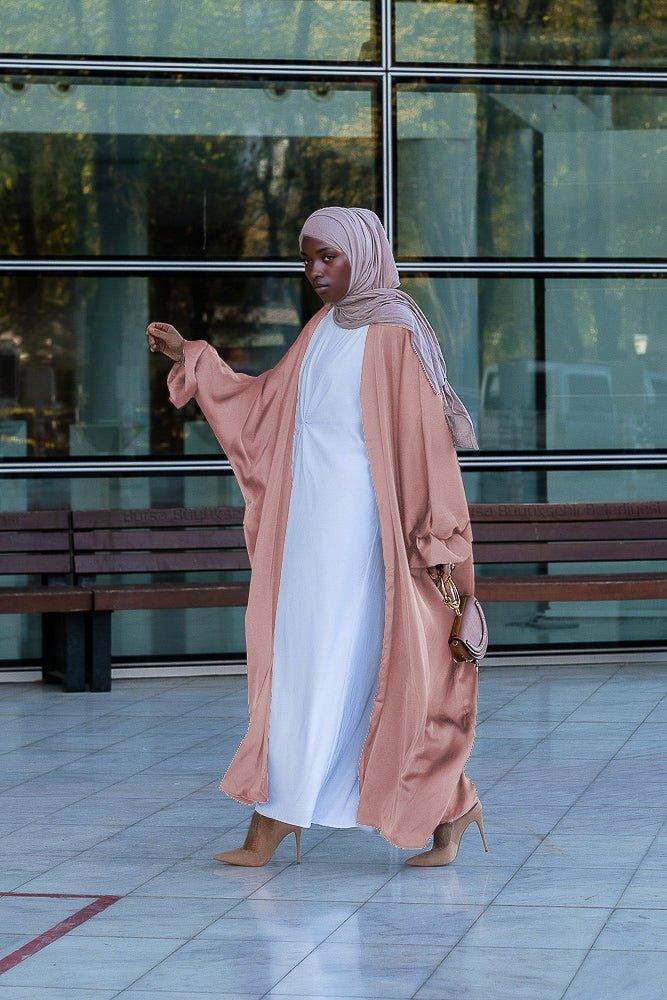 Pink Loves open front maxi satin abaya throw over - ANNAH HARIRI