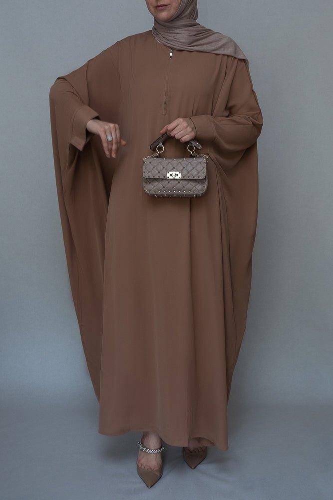 Plain Batwing sleeve abaya for Hajj Umrah Prayer Dress For Women in beige brown - ANNAH HARIRI