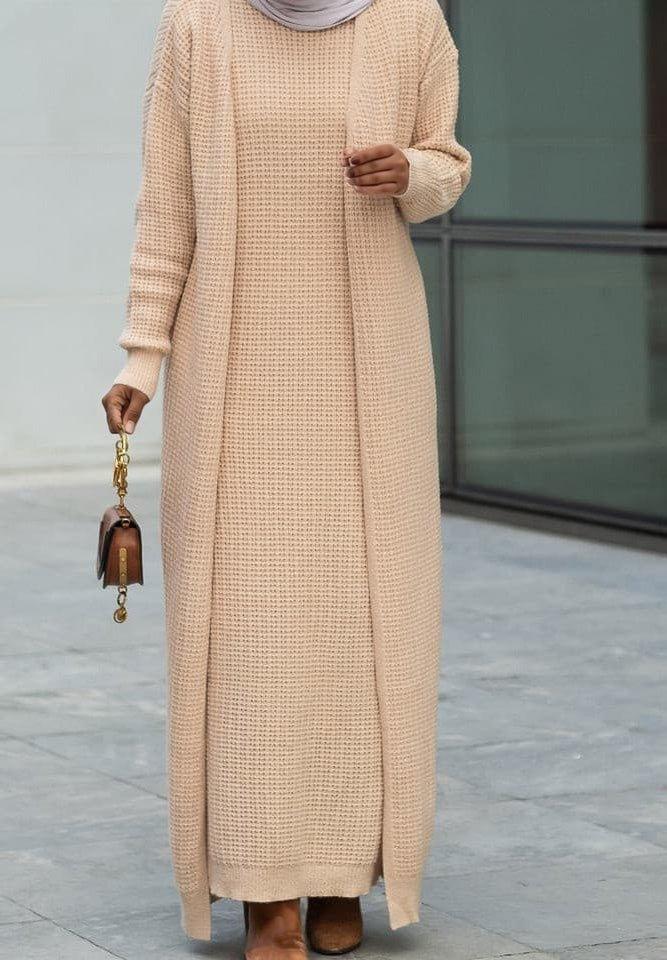 Pollina maxi knit cardigan with matching sleeveless maxi dress in beige - ANNAH HARIRI