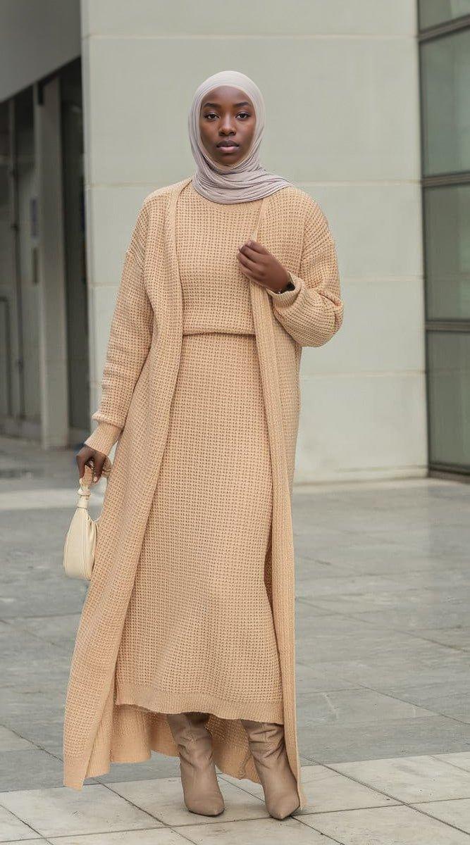 Pollina maxi knit cardigan with matching sleeveless maxi dress in beige - ANNAH HARIRI