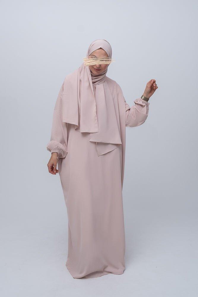 Prayer gown with stitched in attached scarf umrah outfit in Beige nude color - ANNAH HARIRI