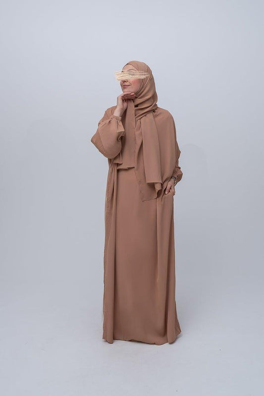Prayer gown with stitched in attached scarf umrah outfit in brown khaki color - ANNAH HARIRI