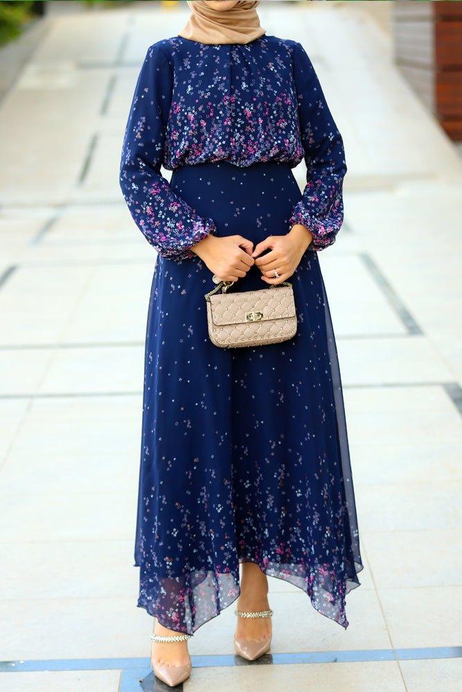 Printed modest chiffon viscose maxi dress with long sleeve and full cotton lining - ANNAH HARIRI