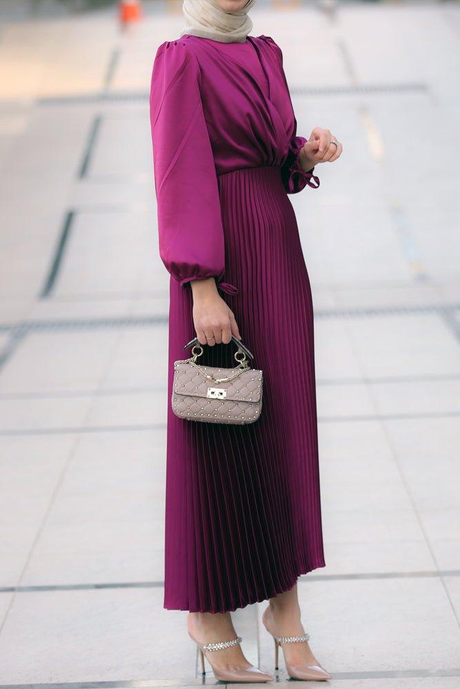 Purple Abigal satin pleated long sleeve maxi dress with wrap waist - ANNAH HARIRI