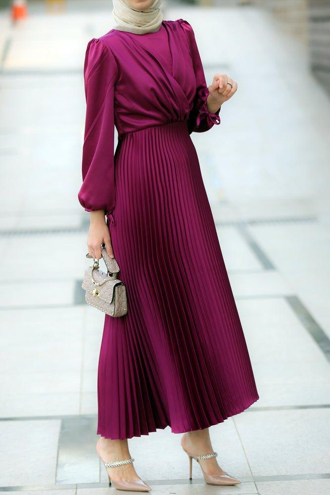 Purple Abigal satin pleated long sleeve maxi dress with wrap waist - ANNAH HARIRI