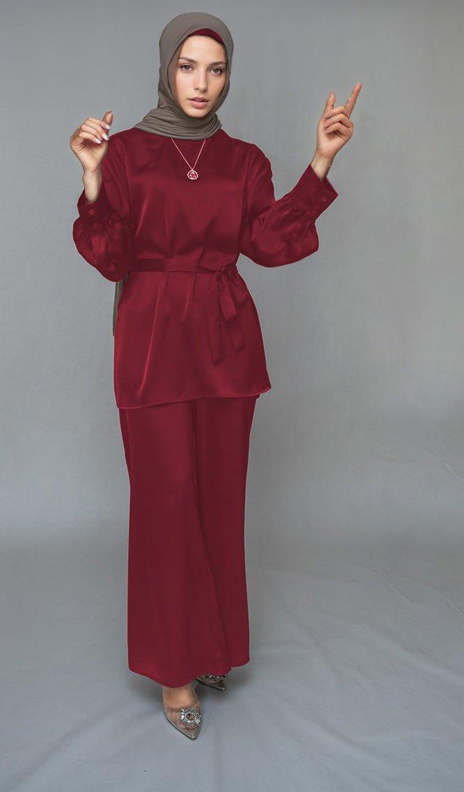 Red Elzara modest set with spanish cut pants and top petite sizes only - ANNAH HARIRI