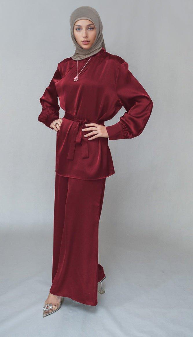 Red Elzara modest set with spanish cut pants and top petite sizes only - ANNAH HARIRI