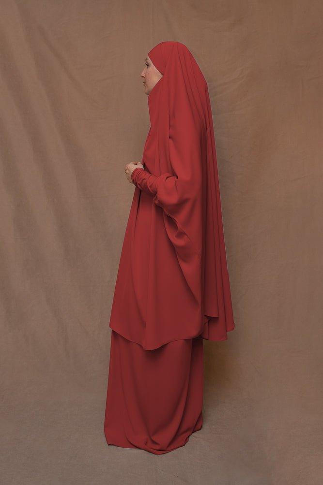 Red Moira prayer Umrah gown with niqab feature - ANNAH HARIRI