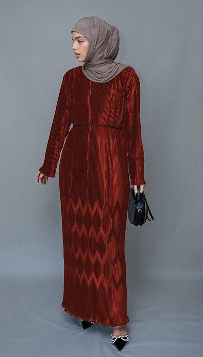 Red Pleated maxi pencil dress with a embossed skirt and a string belt - ANNAH HARIRI