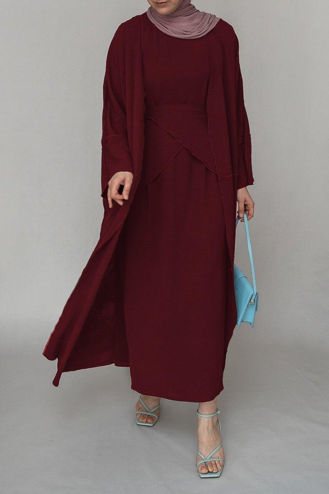 Red three piece maxi abaya with apron and inside out stitching - ANNAH HARIRI