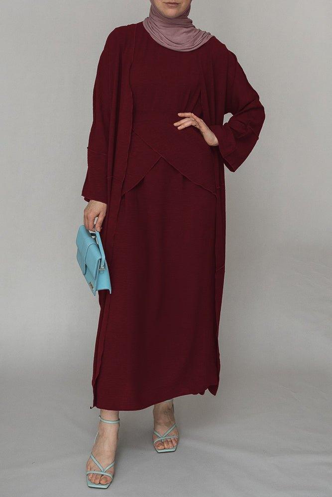 Red three piece maxi abaya with apron and inside out stitching - ANNAH HARIRI