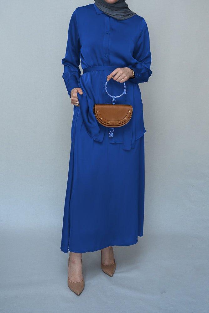 Royal Blue Blouse Skirt Modest set maxi skirt with elasticated waistband maxi sleeve buttoned shirt with a detachable belt - ANNAH HARIRI