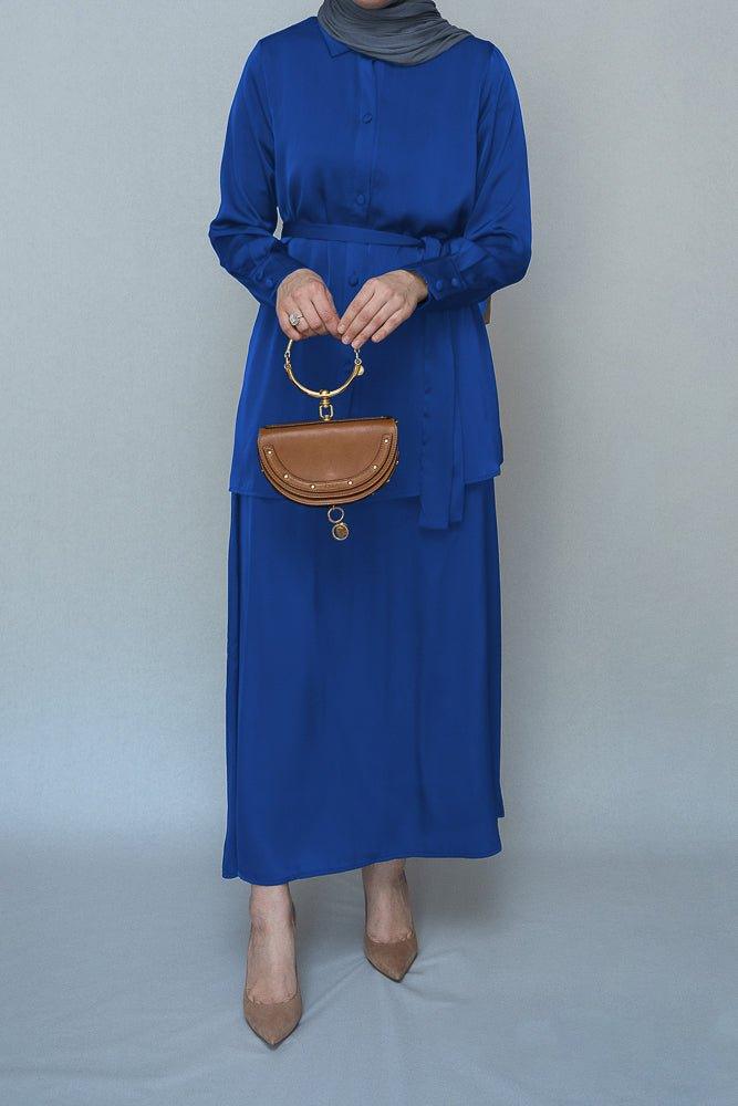 Royal Blue Blouse Skirt Modest set maxi skirt with elasticated waistband maxi sleeve buttoned shirt with a detachable belt - ANNAH HARIRI