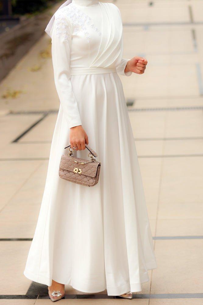 Rukiye embroidered bridesmaids long sleeve sateen maxi dress in off white - ANNAH HARIRI