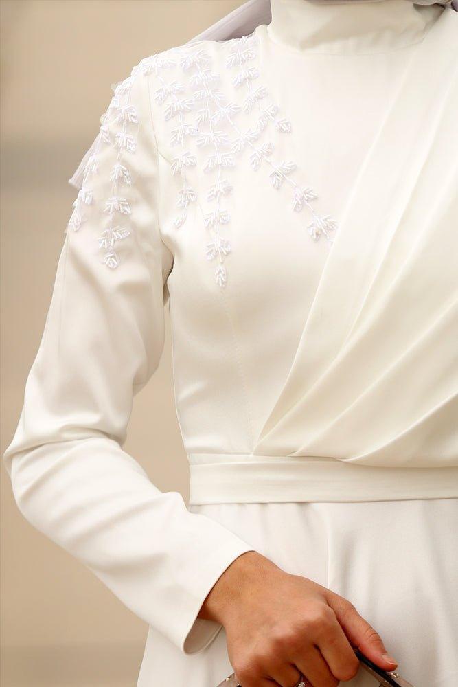 Rukiye embroidered bridesmaids long sleeve sateen maxi dress in off white - ANNAH HARIRI