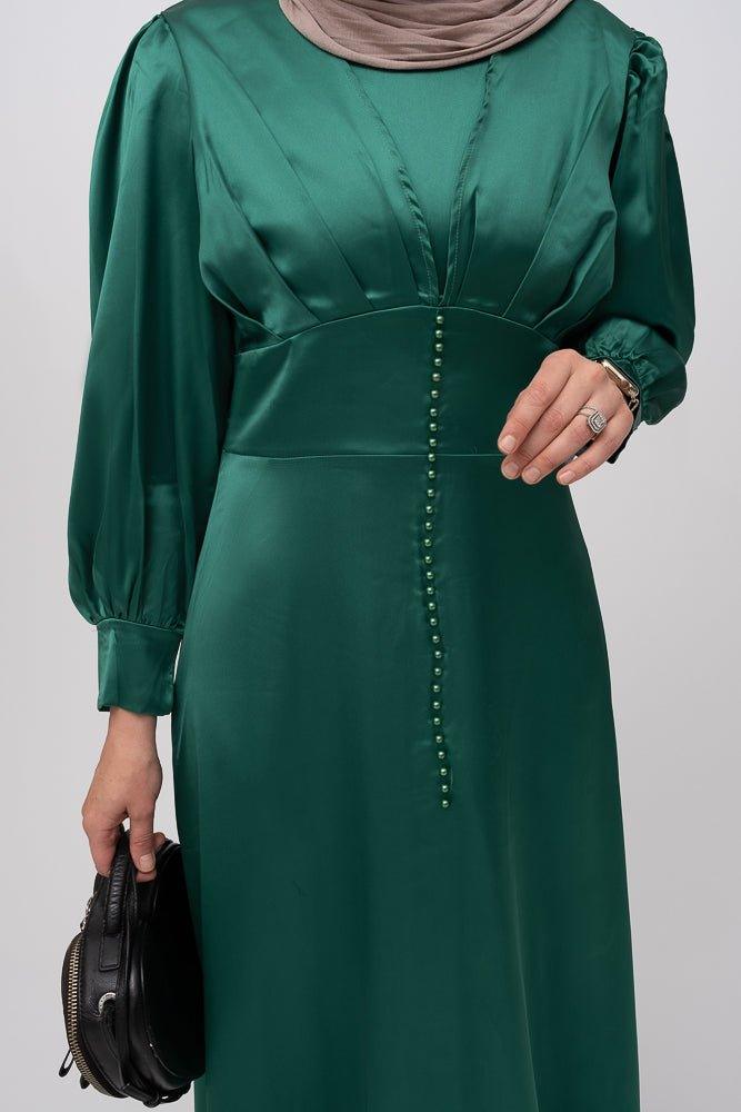 Ruxane emerald satin chic modest dress with empire waist and front buttons - ANNAH HARIRI