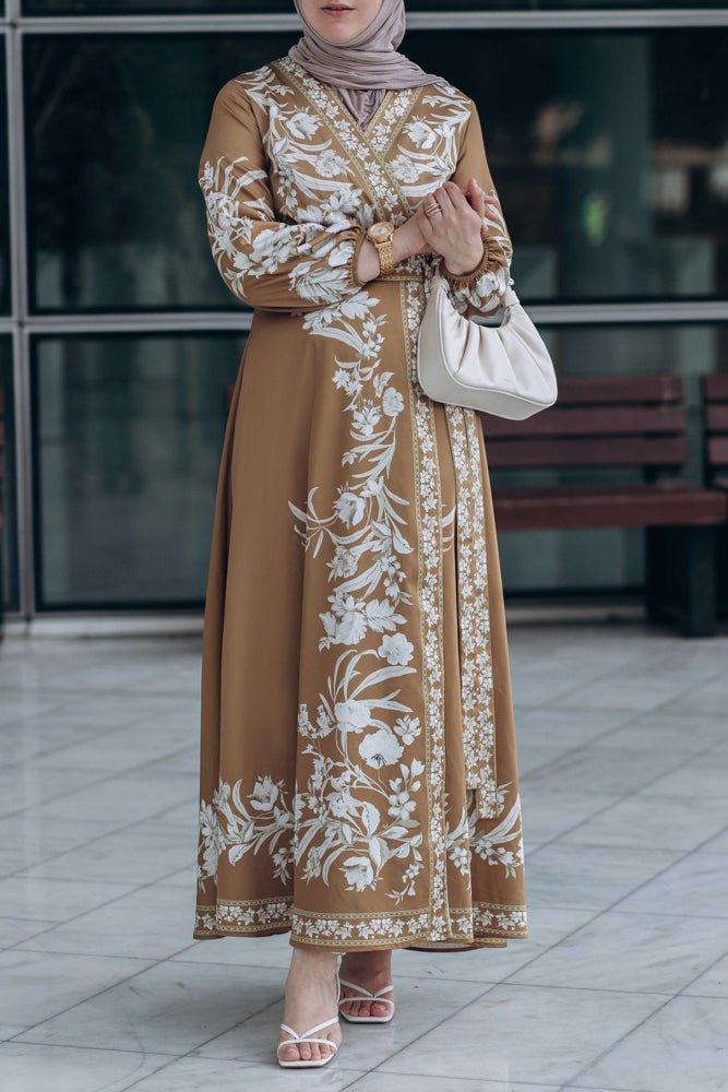 Sadia maxi sleeve maxi wrap dress in mustard brown floral print maternity friendly - ANNAH HARIRI