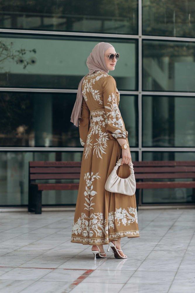 Sadia maxi sleeve maxi wrap dress in mustard brown floral print maternity friendly - ANNAH HARIRI