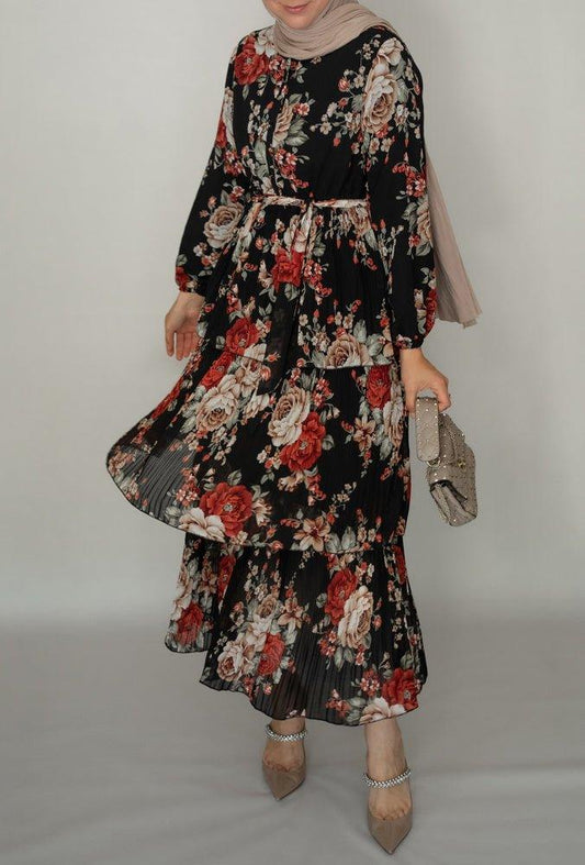 Salmaa floral maxi tier pleated skirt dress with front buttons fastening - ANNAH HARIRI
