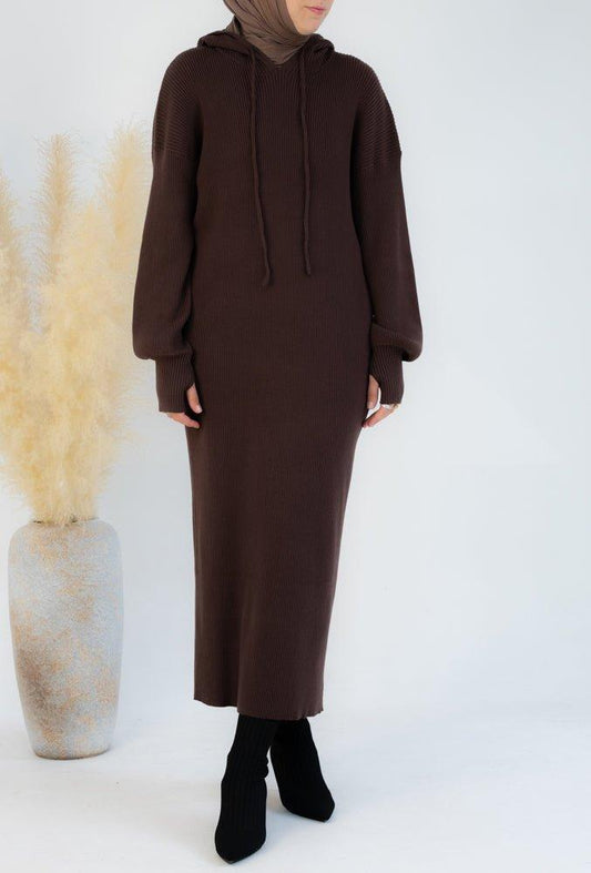 Sandi maxi knitted hooded dress with thumb holes in brown - ANNAH HARIRI