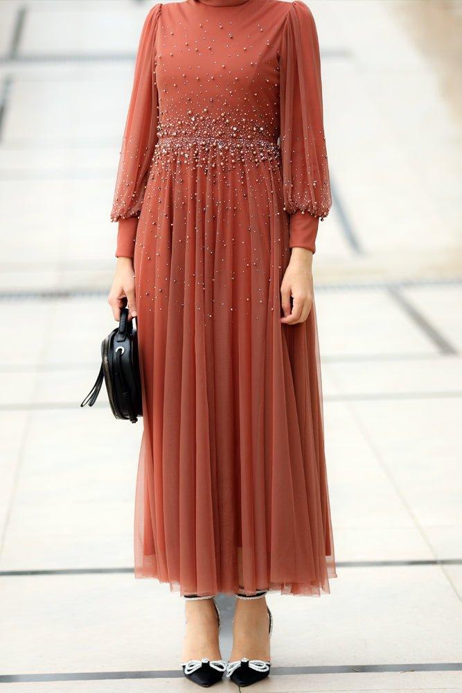 Sasha embellished bodice maxi dress with tulle skirt in brown - ANNAH HARIRI