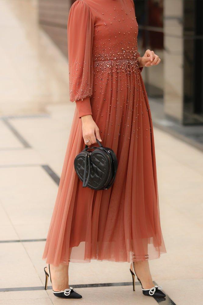 Sasha embellished bodice maxi dress with tulle skirt in brown - ANNAH HARIRI
