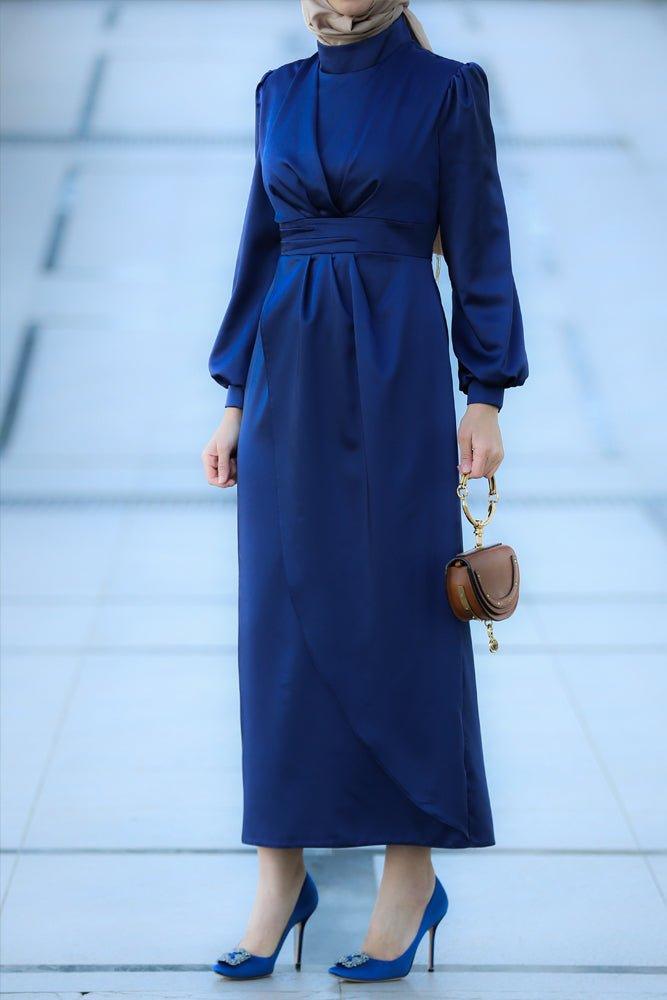 Saskia satin maxi dress long sleeve with wrap waist in Blue - ANNAH HARIRI