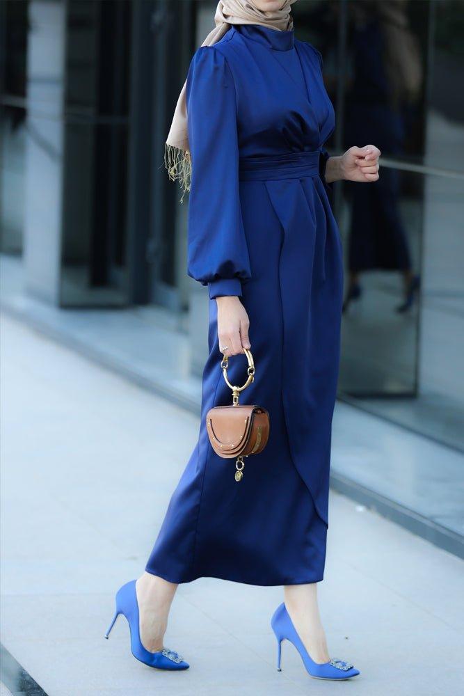Saskia satin maxi dress long sleeve with wrap waist in Blue - ANNAH HARIRI