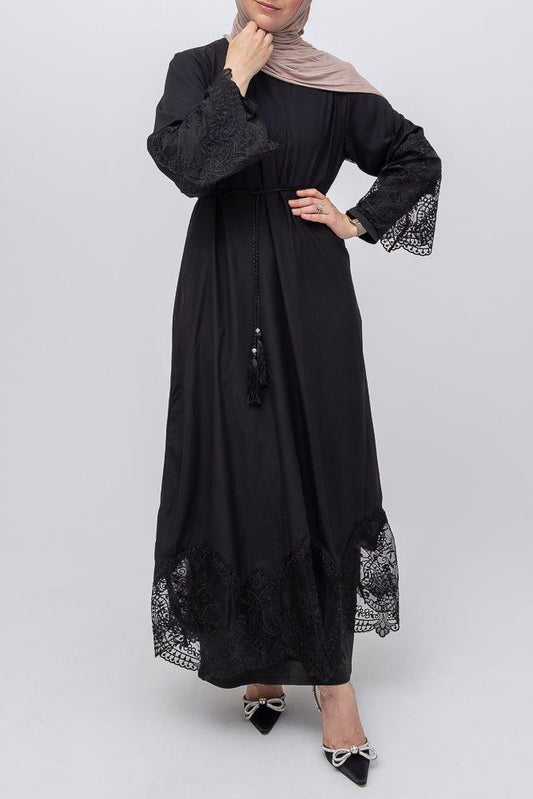 Sheeril classic maxi black dress with lace details on skirt and maxi sleeves with tassel belt - ANNAH HARIRI