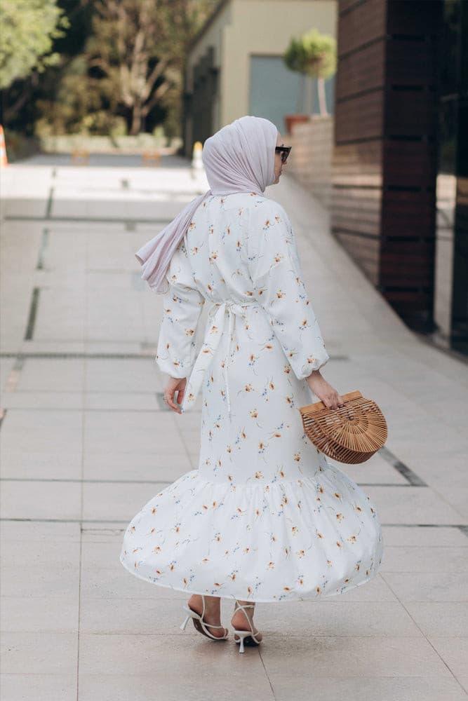 Shereen maxi dress with v-neck and sash long sleeve in white - ANNAH HARIRI