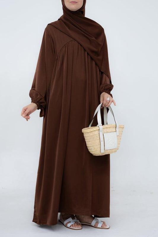 Sophie modest loose dress with pockets and elasticated wrist band in dark coffee - ANNAH HARIRI