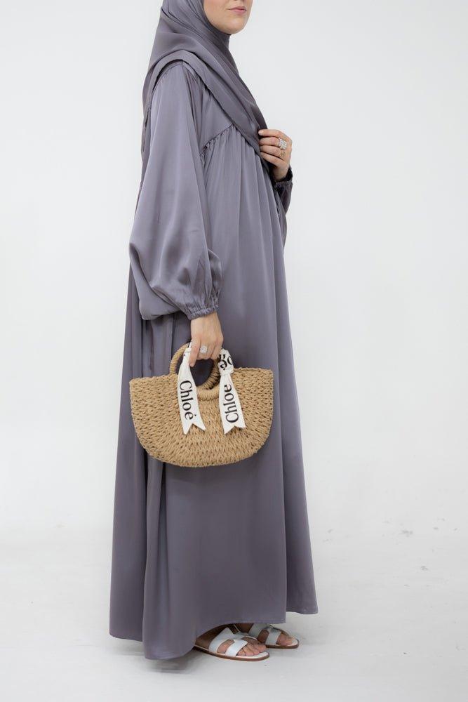 Sophie modest loose dress with pockets and elasticated wrist band in dark grey - ANNAH HARIRI