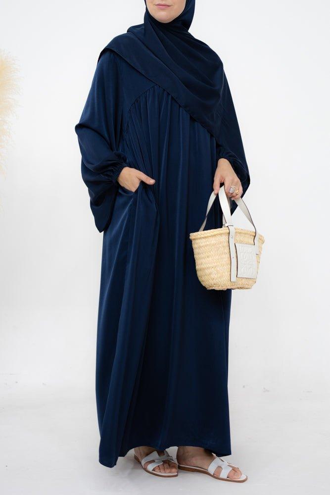 Sophie modest loose dress with pockets and elasticated wrist band in navy - ANNAH HARIRI