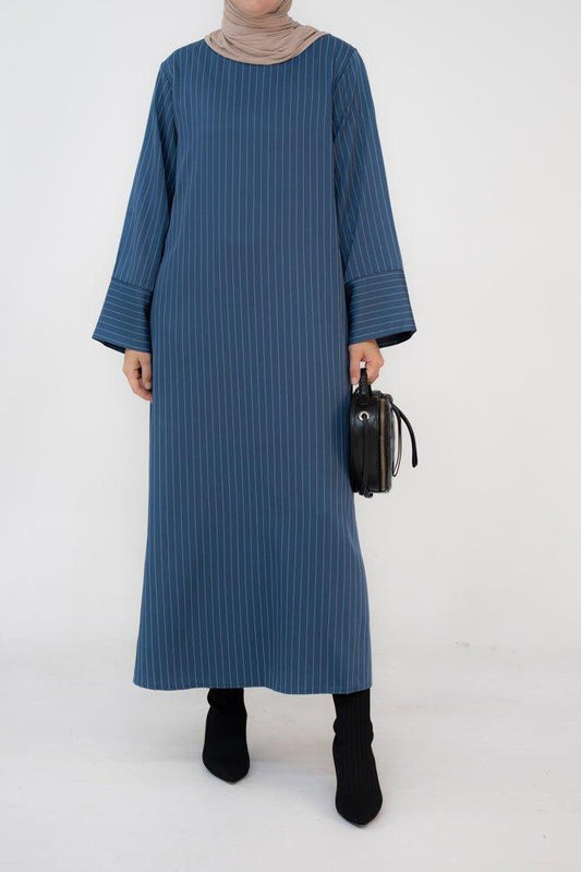 Stripes maxi dress of pencil cut with a detachable belt and pockets in dark grey - ANNAH HARIRI