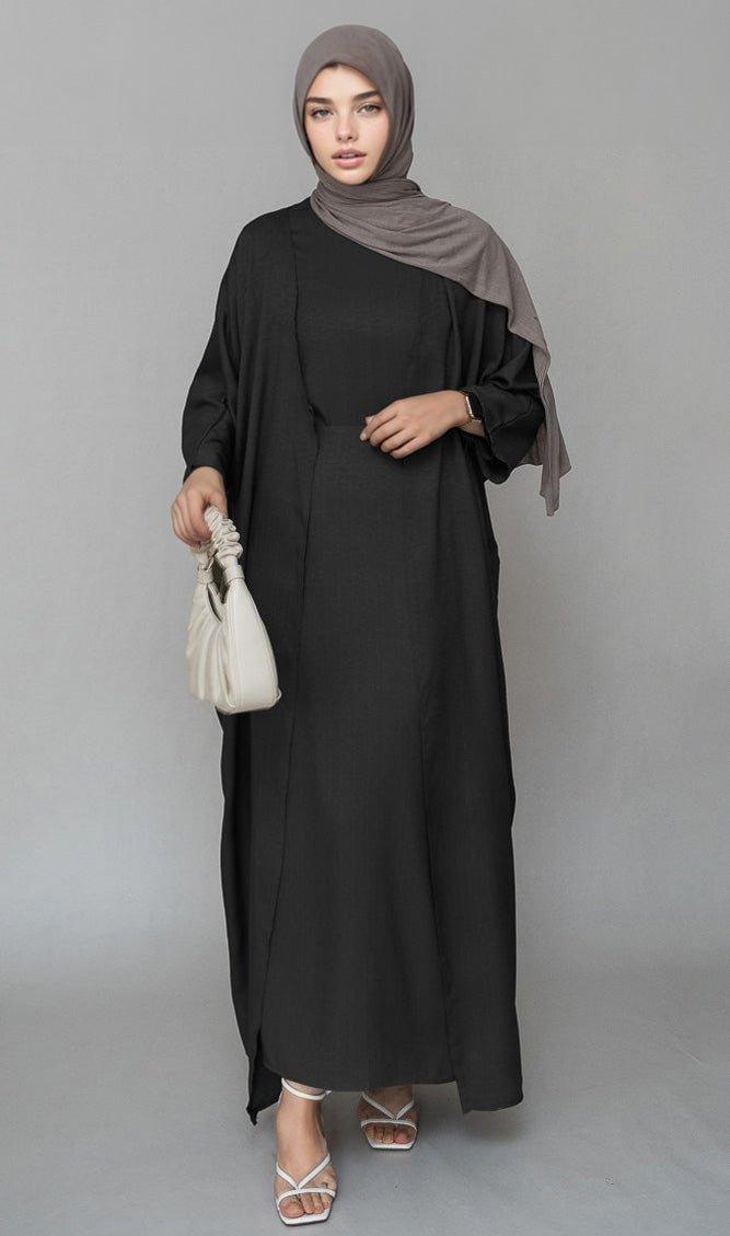 Trinia linen natural fabric 3 piece set with inner slip dress, apron and open front abaya in black - ANNAH HARIRI