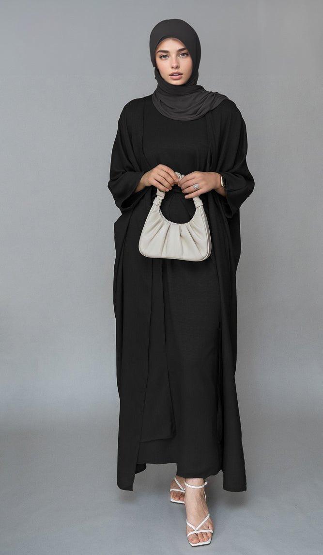 Trinia linen natural fabric 3 piece set with inner slip dress, apron and open front abaya in black - ANNAH HARIRI