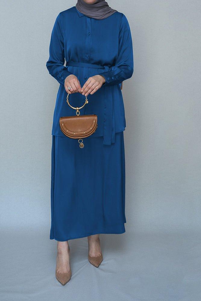 Turquoise Blouse Skirt Modest set maxi skirt with elasticated waistband maxi sleeve buttoned shirt with a detachable belt - ANNAH HARIRI