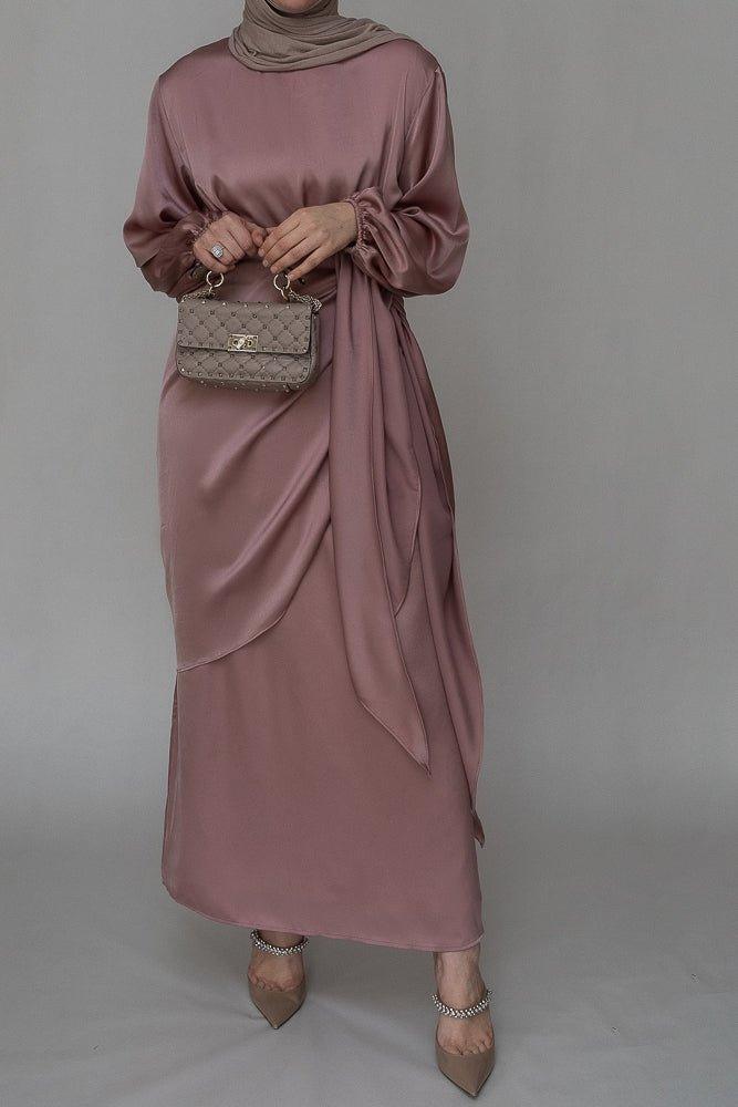 Ulaa maxi abaya dress with detached apron elasticated sleeve like tie waist piece in satin pink - ANNAH HARIRI