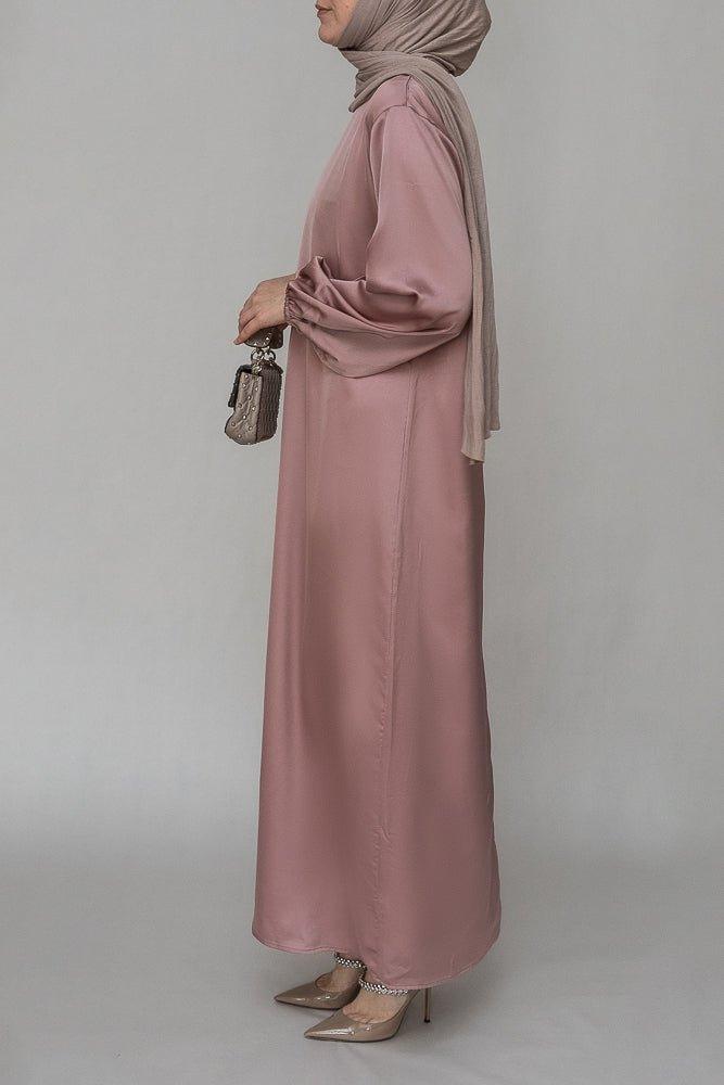 Ulaa maxi abaya dress with detached apron elasticated sleeve like tie waist piece in satin pink - ANNAH HARIRI