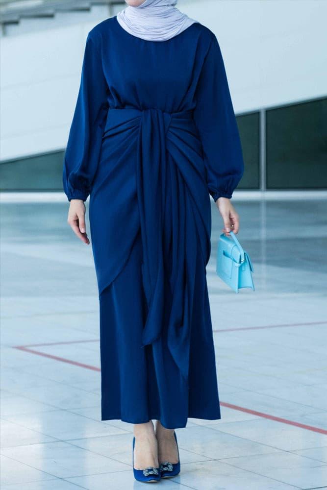Umah maxi abaya dress with detached apron elasticated sleeve like tie waist piece in satin dark blue - ANNAH HARIRI