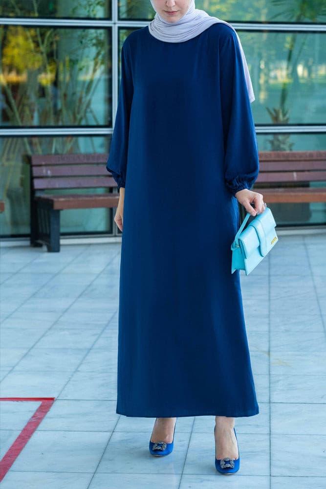 Umah maxi abaya dress with detached apron elasticated sleeve like tie waist piece in satin dark blue - ANNAH HARIRI