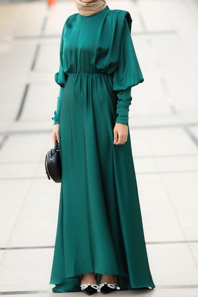 Ursulla satin maxi dress with shoulder pads and elasticated waist in green - ANNAH HARIRI
