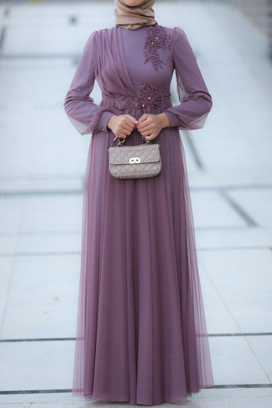 Velosty Tall embellished bodice long sleeve maxi dress in lavender tulle - ANNAH HARIRI