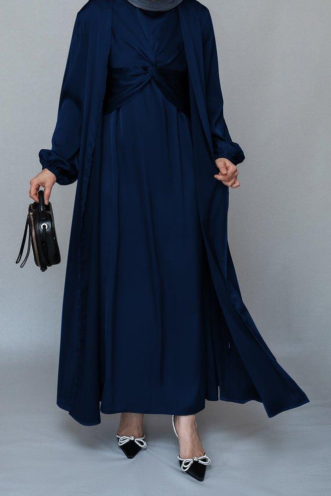 Vidonia 2 piece luxury 2 piece abaya with wrap bodice in navy - ANNAH HARIRI
