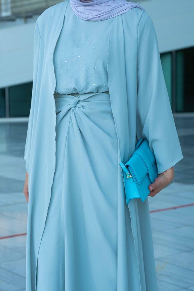 Viell 3 piece embellished set with sleevless dress, apron and open front abaya in sage - ANNAH HARIRI