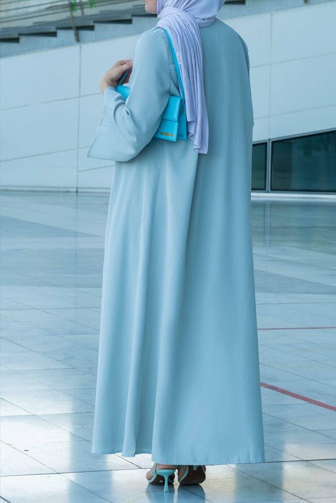 Viell 3 piece embellished set with sleevless dress, apron and open front abaya in sage - ANNAH HARIRI