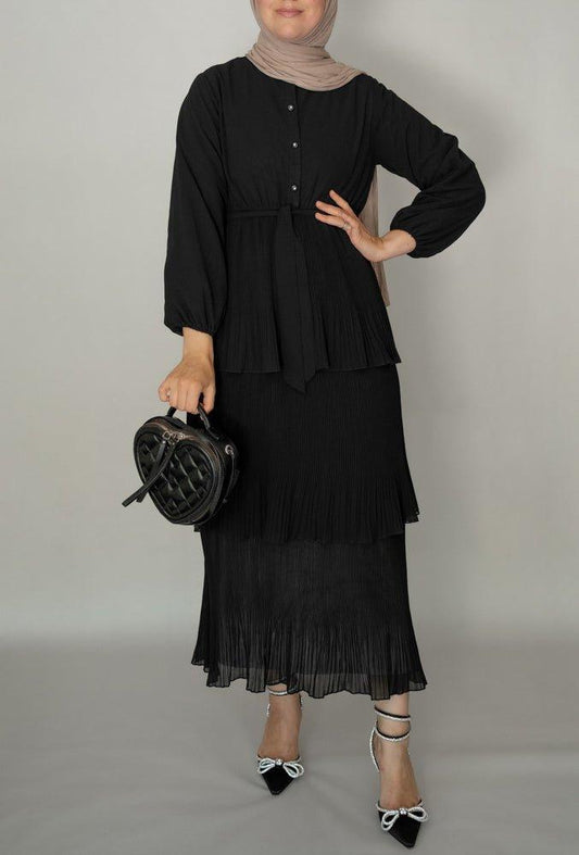 Vitalina black pleated tier skirt dress with front button fastening - ANNAH HARIRI