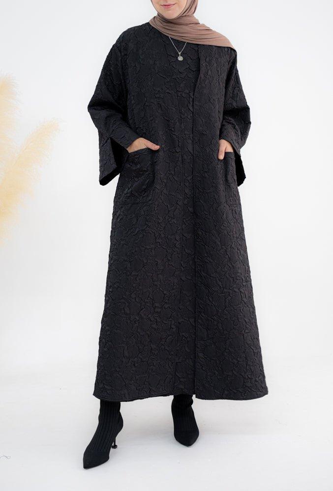 Winter Black abaya inner dress sleeveless with embossed flower pattern - ANNAH HARIRI