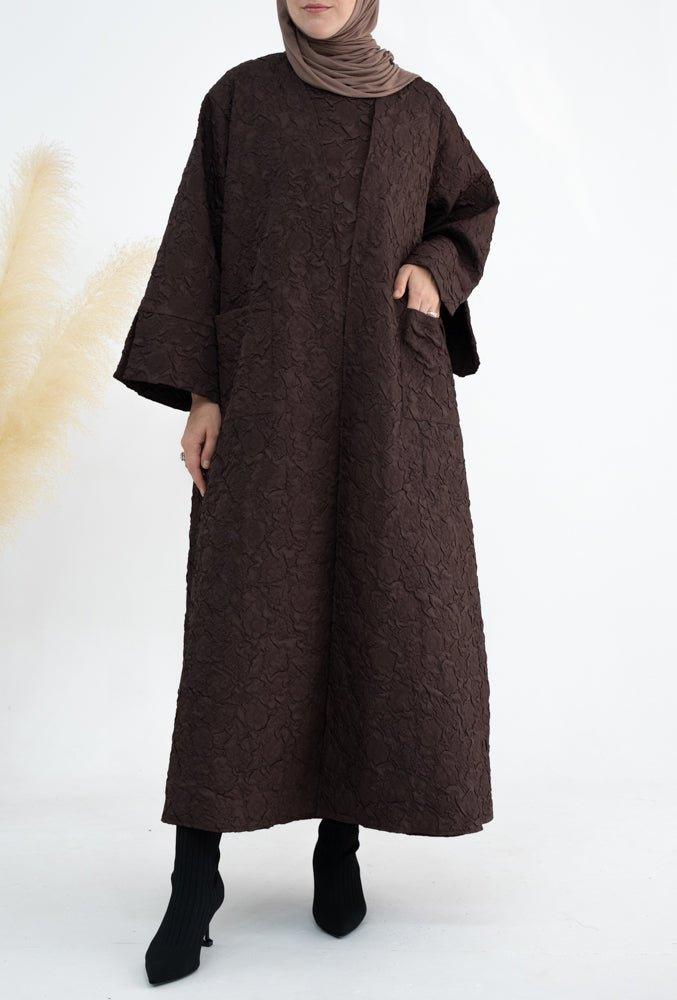 Winter Brown abaya inner dress sleeveless with embossed flower pattern - ANNAH HARIRI
