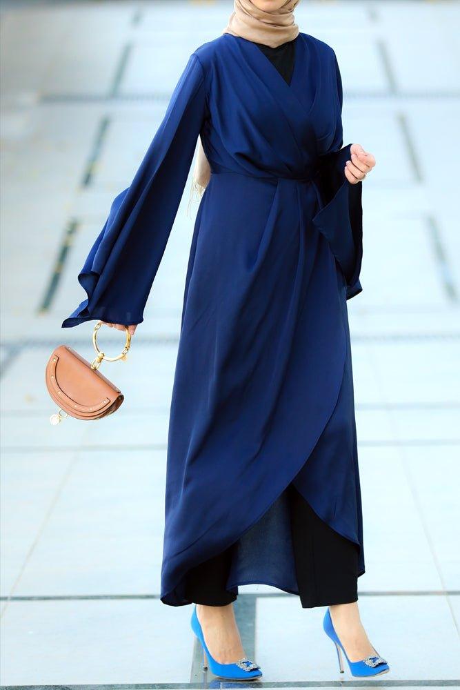 Yalla satin maxi uneven cut dress with batwing sleeve and wrap detail waist in blue - ANNAH HARIRI